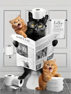 Funny Bathroom Cat Canvas Art Print - Unframed - 12"x16" - New - Picture 1 of 6