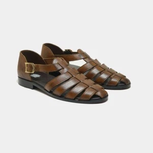 Mens Handmade Natural Leather Lined Fisherman Sandals Casual Summer Beach Shoes - Picture 1 of 9