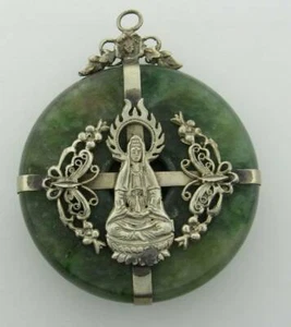 Green Jade and Silver Pendant Quan Yin Goddess Religious Pendant 22521 - Picture 1 of 12