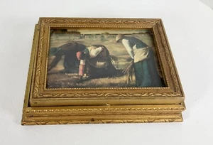 Vintage Jewelry Dresser Box Picture Millet The Gleaners Carved Wood Glass Small - Picture 1 of 7