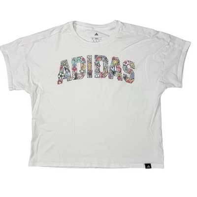 Adidas Niñas XL Blanco Floral Logo Camiseta Estilo Fútbol Camiseta Gráfica ENVÍO GRATUITO Foto 1 de 4