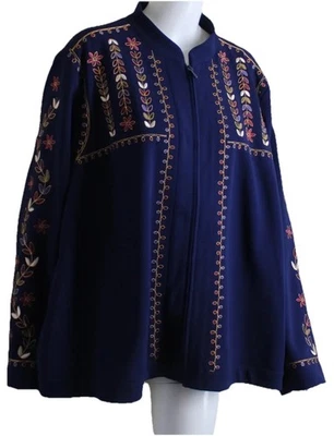 Dennis Basso 28W 3X Navy Blue Folk Embroidered Crepe Art Zip-Up Blazer Jacket  - Image 1 of 4