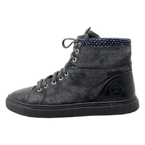 Chanel Grey Suede & Tweed High-Top Sneakers – Iconic CC Logo Lace-Up Boots - Picture 1 of 7