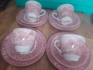 English Ironstone Tableware Castle Red & White 4x trio plates Tea Cup & Saucer - Picture 1 of 6
