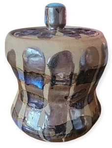 Vaso ceramica artistica in gres con coperchio con smalto blu marrone 5,5"H x 4,5"D - Foto 1 di 5