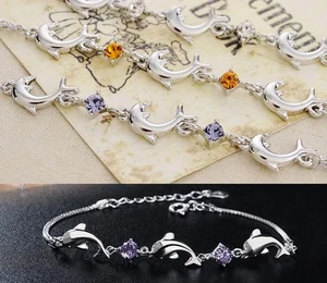 Sterling Silver Tone Bracelet Dolphin Link Purple Amethyst Blue Crystal Gift AC - Picture 1 of 4