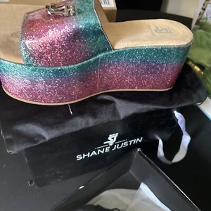 Platform Sandals Designer Shane Justin Rainbow Glitter Sandals Size 42/ Size 10 - Picture 1 of 9