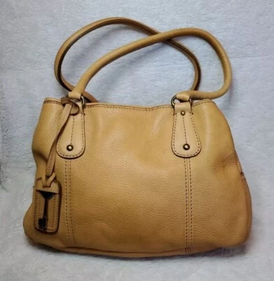 Usado en Excelente Condición Fossil Key Amarillo Guijarro Cuero Cartera Bolso de Mano Mediano Foto 1 de 4