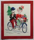 Vtg Retro Christmas Card-OLD-FASHIONED COUPLE ON BIKE BUILT FOR TWO-PeepHole