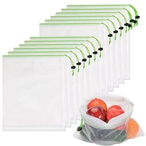 Reusable Mesh Produce Bags with Drawstring for Fruit Vegetable Storage, 12 Pack - Picture 1 of 7