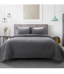 Lucian Dark Grey Quilt Set Twin Size Geometric Pattern Stitched Bedspread Sealed - Picture 1 of 3