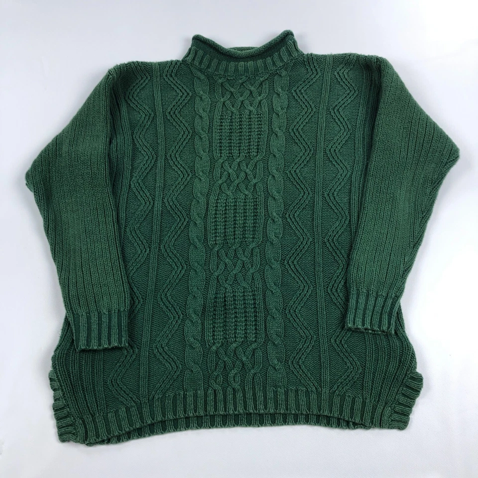 Vintage Roll Collar Cable Knit Green Sweater Womens 1X Fisherman 90s - Image 1 of 4