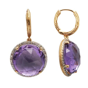 TEXTURED 14K ROSE GOLD PAVE DIAMOND PINK AMETHYST DANGLE DANGLING EARRINGS - Picture 1 of 1