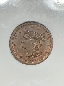 NGC MS64BN 1853 BRAIDED HAIR HALF CENT BEAUTIFUL LIGHT BROWN COLOR C-1 - Picture 1 of 3