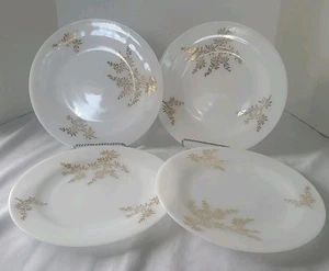 FEDERAL GOLDEN GLORY 9" MILK GLASS PLATES ~ Gold Bamboo Leaf Design Set of 4 - Picture 1 of 8