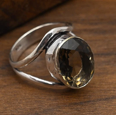 烟黄玉宝石手工 925 纯银独特戒指珠宝首饰礼品 — 第 1/4 张图片