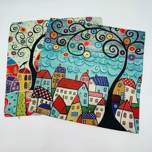 Karla Gerard Village By The Sea Pattern Bird House & Swirl Tree Pillow Covers - Picture 1 of 12