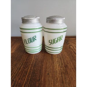 Vintage Hazel Atlas Milk Glass Flour And Sugar Green Band Range Set MCM - Picture 1 of 4