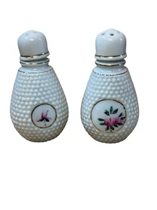 Vintage Japan White Hobnail Ceramic Salt and Pepper Shakers Flowers Gold Trim - Picture 1 of 4