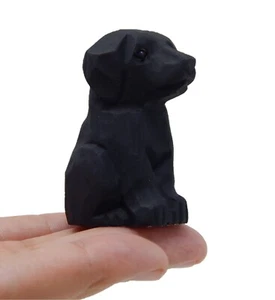 Black Lab Retriever Dog Pup Figurine Statue Miniature Small Wood Carving Decor - Picture 1 of 5