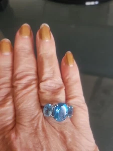 De Buman 10K White Gold GENUINE BLUE TOPAZ 3 STONES & Diamond Ring Size 7.75 New - Picture 1 of 19