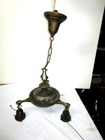 Antique vintage suspended ceiling brass elec.light fixture--3 pull chain sockets Cover