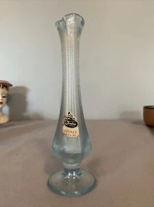 Vintage FENTON 8” Iridescent Velva Iridescent Blue Stretch Glass Footed Bud Vase - Picture 1 of 4