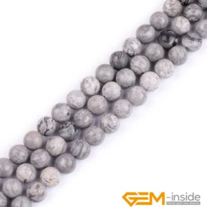 Cuentas sueltas redondas de piedras preciosas de jaspe gris plata natural 15" Reino Unido - Imagen 1 de 27