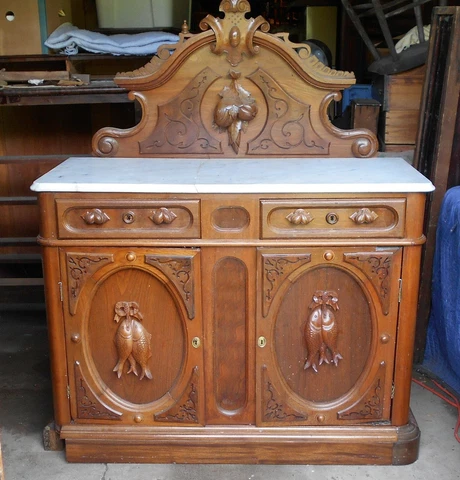 ANTIQUE 19th CENTURY VICTORIAN WALNUT MARBLE TOP FISH CARVED DECORATED SIDEBOARD Cover
