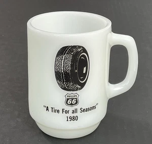 Vintage 1980 Anchor Hocking Milk Glass Mug PHILLIPS 66 A Tire For All Seasons - Picture 1 of 12
