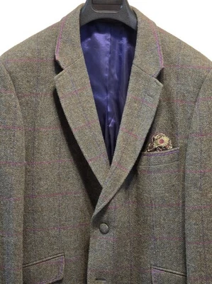 Holland Esquire Grey Purple Windowpane Wool Blazer Suede Panels Jacket 46R XL - Image 1 of 4