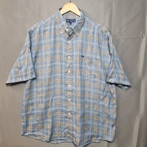 Arror Short Sleeve Linen Shirt Mens Size XL Blue White Yellow Plaid Summer - Picture 1 of 10