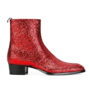 Shiny Red Men‘s Sequins Ankle Boot Pull on Western Casual Cowboy Club Chelsea - Picture 1 of 6