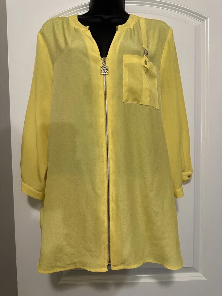 Anne Klein Manga 3/4 Cremallera Top Amarillo Dorado Cremallera/logotipo Talla Grande Foto 1 de 4