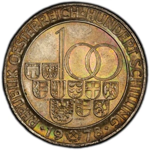 MS66 1978 Austria Arlberg Tunnel Silver 100 Schillings, PCGS- Toned SOLO Top Pop - Picture 1 of 7