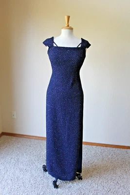 Vintage 90's Cache Navy Blue Glitter Wiggle Dress High Slit Formal 4 Patriotic - Image 1 of 4