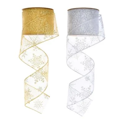 2x Christmas Wired Sheer Ribbon Printed Xmas Tree for Party Gift Wrapping - Image 1 of 4