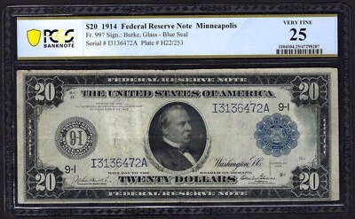 🇺🇸 1914 $20 FRN FR-997 "MINNEAPOLIS" ♚♚BURKE&GLASS♚♚ PCGS VF 25 ONLY 28 KNOWN! - Image 1 of 2