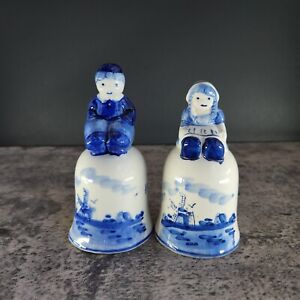 2 Vintage Delft Blue Hand Painted Holland Dutch Windmill Bells 4.5" Boy and Girl
