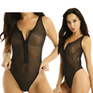 Damen Sexy Body Fischnetz Transparent Bodysuit mit Reißverschluss Teddy Babydoll - Picture 1 of 15