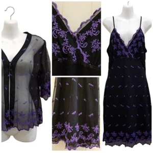 KNOCKOUT Vintage 90s Lace Mesh Slip Dress/Cardi Two-Piece Set Black Purple Sz S - Picture 1 of 24