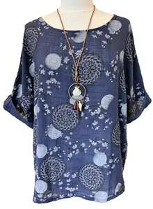 Italienisch blau Blumen Baumwolle Halskette Top Lagenlook Tunika One Size UK 12-18 - Bild 1 von 13