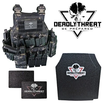 DEADLY THREAT ARMOR Urban Assault Ghost Camo Tactical Vest Plate Carrier With Level III Armor Plates