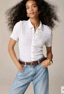 J.Crew Smocked Button-Up Shirt in Cotton-Blend Voile White Size XS - Picture 1 of 6