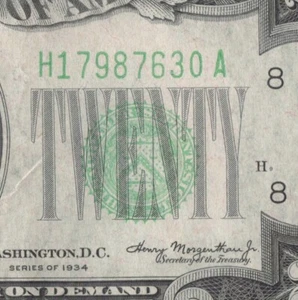 1934 St Louis Twenty Dollar Bill H17987630A Back Plate H9 403 Mule Note - Picture 1 of 11