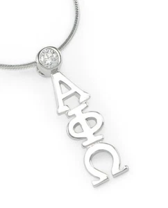 Colgante de lavandería de plata esterlina Alpha Phi Omega con cristal circular transparente, NUEVO - Imagen 1 de 2