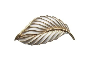 Vintage Trifari Gold Tone and White Enamel Leaf Brooch - Picture 1 of 7
