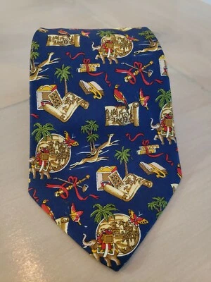 Corbata Salvatore Ferragamo Azul Explorador Animal Mapa Indio Estampado ITALIA 100% SEDA Foto 1 de 4
