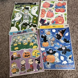 Vintage Peanuts Snoopy Charlie Brown Halloween Window skeleton, kitty cats - Picture 1 of 5