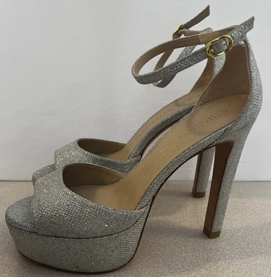 Tacones altos Stuart Weitzman plateados brillantes plataforma disco talla 9,5 Foto 1 de 4